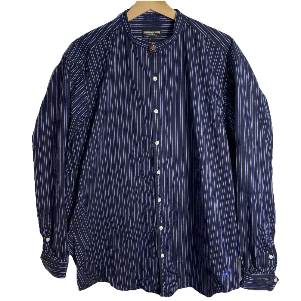 Vtg J Peterman Striped Band Collar Henley Button Poets Shirt Mens Large USA Made
